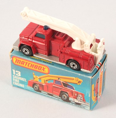 Lot 64 - Matchbox Superfast 13c Snorkel Fire Engine WHITE HOIST + SILVER PAINTED BASE