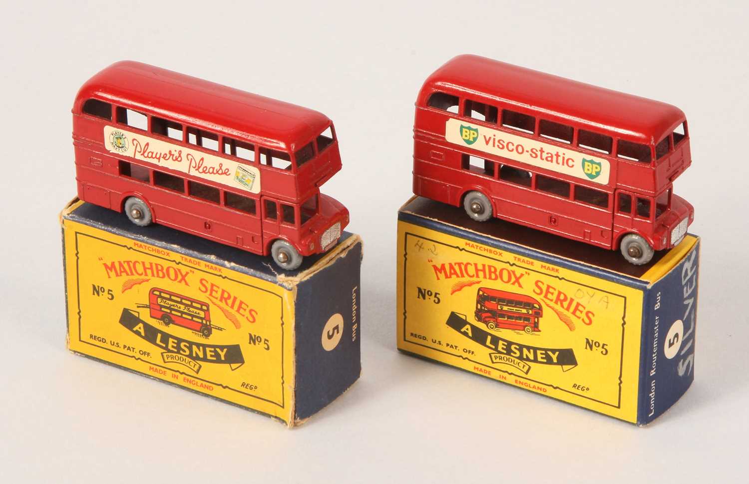 Lot 40 - Matchbox Regular Wheels 2 x 5c London Routemaster Bus "Player's Please" + "BP Visco-static"