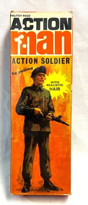 Lot 71 - Palitoy vintage Action Man Action Soldier (1970) Flock Head brown Hair, Box Variant MIB