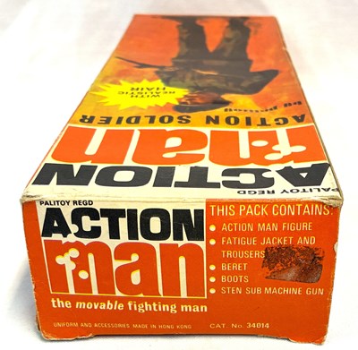 Lot 71 - Palitoy vintage Action Man Action Soldier (1970) Flock Head brown Hair, Box Variant MIB