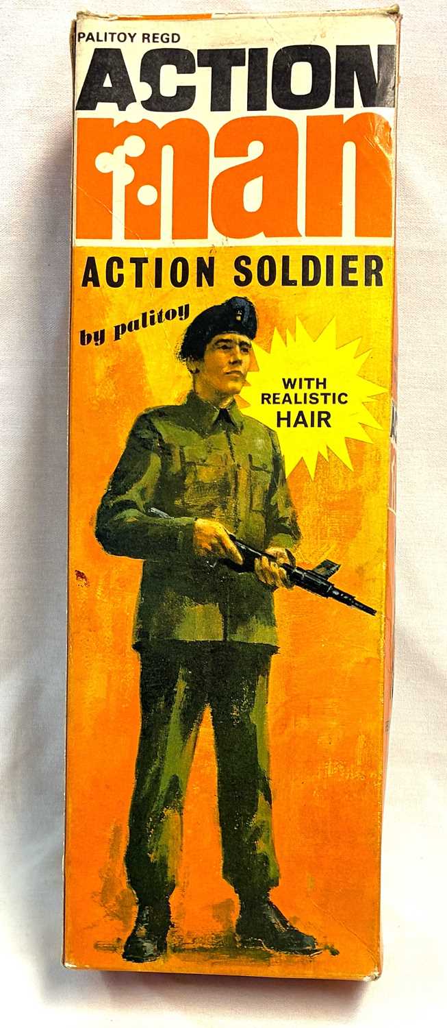 Lot 73 - Palitoy vintage Action Man Action Soldier (1970) Flock Head brown Hair Orange box MIB