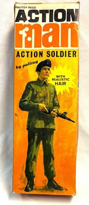 Lot 73 - Palitoy vintage Action Man Action Soldier (1970) Flock Head brown Hair Orange box MIB