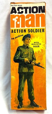 Lot 73 - Palitoy vintage Action Man Action Soldier (1970) Flock Head brown Hair Orange box MIB