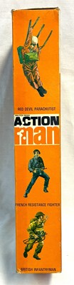 Lot 73 - Palitoy vintage Action Man Action Soldier (1970) Flock Head brown Hair Orange box MIB
