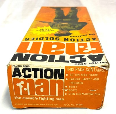 Lot 73 - Palitoy vintage Action Man Action Soldier (1970) Flock Head brown Hair Orange box MIB