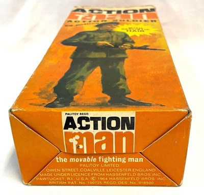 Lot 73 - Palitoy vintage Action Man Action Soldier (1970) Flock Head brown Hair Orange box MIB