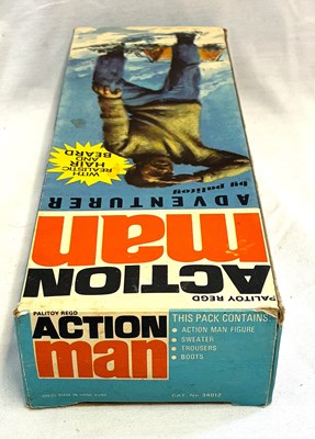 Lot 75 - Palitoy vintage Action Man Aventurer (1970) Flock Head blonde Hair, Dark Trousers MIB