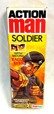 Lot 87 - Palitoy vintage Action Man Soldier (1977) Flock Head blonde Hair, Gripping Hands, Eagle Eyes (dark trousers) MIB