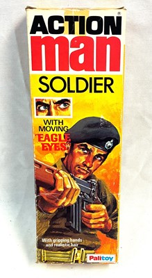 Lot 87 - Palitoy vintage Action Man Soldier (1977) Flock Head blonde Hair, Gripping Hands, Eagle Eyes (dark trousers) MIB