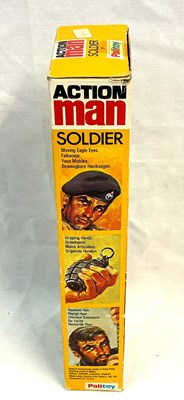 Lot 87 - Palitoy vintage Action Man Soldier (1977) Flock Head blonde Hair, Gripping Hands, Eagle Eyes (dark trousers) MIB