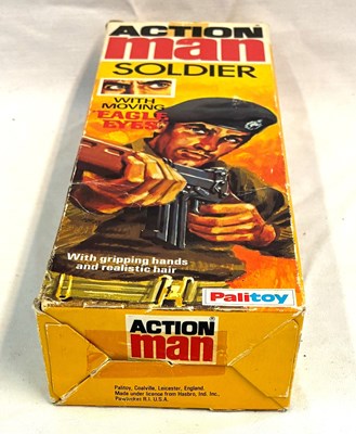 Lot 87 - Palitoy vintage Action Man Soldier (1977) Flock Head blonde Hair, Gripping Hands, Eagle Eyes (dark trousers) MIB