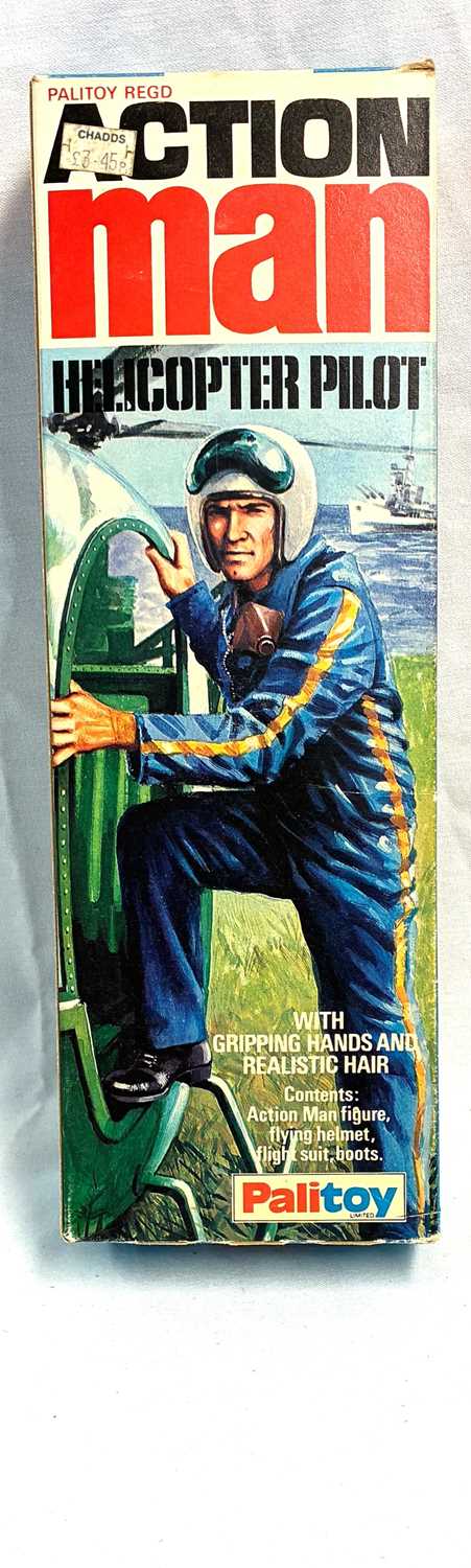 Lot 89 - Palitoy vintage Action Man Helicopter Pilot (1975) Flock Head brown Hair, Gripping Hands MIB