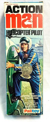 Lot 89 - Palitoy vintage Action Man Helicopter Pilot (1975) Flock Head brown Hair, Gripping Hands MIB