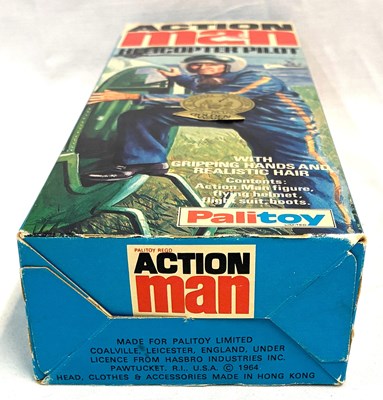 Lot 89 - Palitoy vintage Action Man Helicopter Pilot (1975) Flock Head brown Hair, Gripping Hands MIB