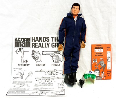 Lot 89 - Palitoy vintage Action Man Helicopter Pilot (1975) Flock Head brown Hair, Gripping Hands MIB