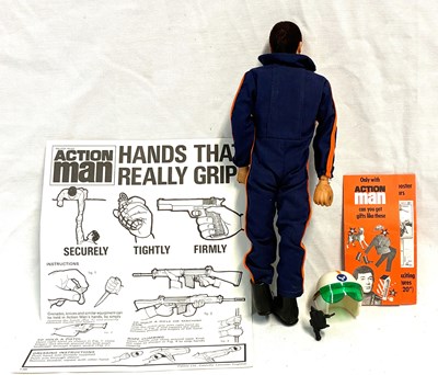 Lot 89 - Palitoy vintage Action Man Helicopter Pilot (1975) Flock Head brown Hair, Gripping Hands MIB